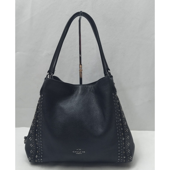 Coach Edie Black Leather With Western Rivets Studded Shoulder Bag - Picture 1 of 16